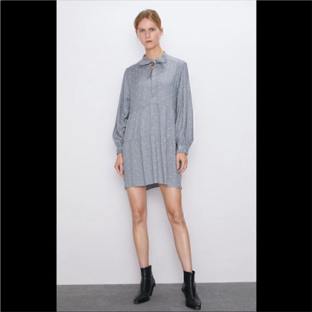Zara Gray Swiss Dot Long Sleeve V-Neck Tiered Short Casual Dress Size XS